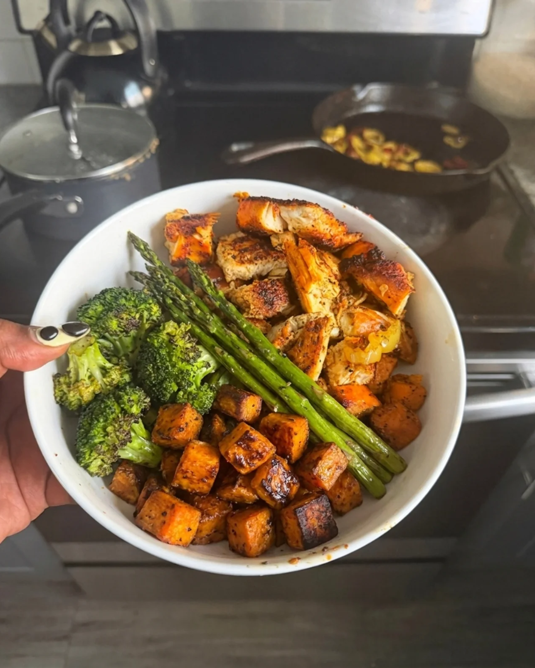 Chicken, broccoli, asparagus and sweet potatoes
